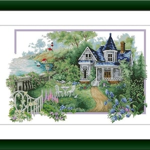Summer cottage Counted cross stitch pdf pattern village cottage Digital cross stitch chart fall cross stitch pattern instant download