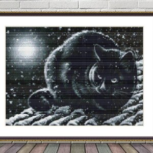 Schwarze Katze auf dem Dach Tier PDF Zählmuster Fantasy Tiere Digitale Kreuzstichvorlage moderne Katze Kreuzstichmuster