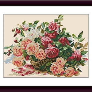 Pink Roses PDF Counted cross stitch pattern rose Digital x stitch chart modern bouquet cross stitch pattern vintage flower bouquet