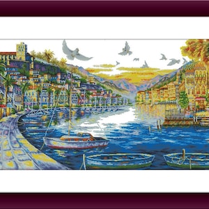 İtalian landscape Counted cross stitch pattern pdf Cafe by the sea Digital cross stitch chart seascape lighthouse PDF cross stitch pattern