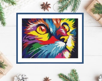 Watercolor cat Animal PDF Counted cross stitch pattern animal rainbow Cat Digital cross stitch chart modern cat cross stitch pattern