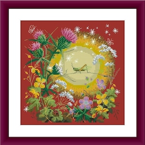 May include: A cross-stitch pattern featuring a green grasshopper on a yellow and white background surrounded by a variety of flowers and plants. The background is a deep red.