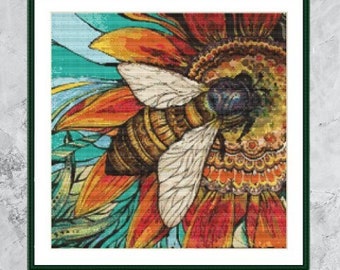 Bee Insect PDF Counted cross stitch pattern watercolor insect Digital cross stitch chart modern Flowers Cute cross stitch pattern