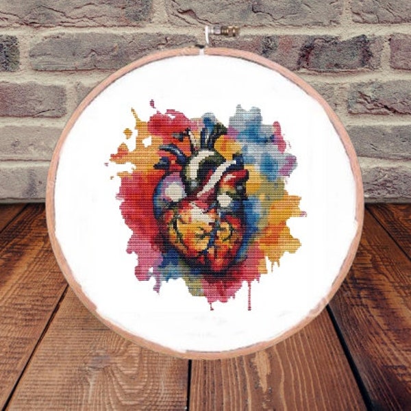 Watercolor heart PDF Counted cross stitch pattern anatomy rainbow Digital cross stitch chart modern human body heart cross stitch pattern