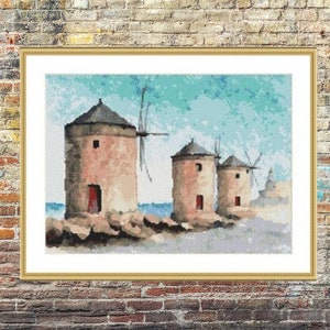 Holland Mill Geteld borduurpatroon landcape Digitale borduurkaart aquarel stad borduurpatroon borduurkaart