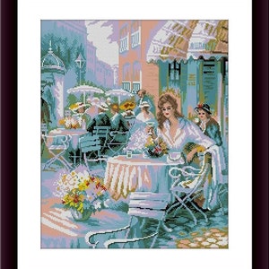 Victorian cafe Counted cross stitch pattern pdf Paris lady Digital cross stitch chart cafe cross stitch pattern Paris cross stitch pattern