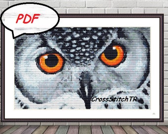 Pájaros búho gris PDF Patrón de punto de cruz contado Pájaros de fantasía Gráfico de punto de cruz digital patrón de punto de cruz de búho moderno