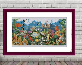 Aquarium PDF Counted cross stitch pattern under the water Digital cross stitch chart modern Turtle cross stitch pattern