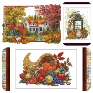Autumn SET of 3 PDF cross stitch pattern Flavours of autumn Digital cross stitch chart Lantern pumpkin cross stitch pattern