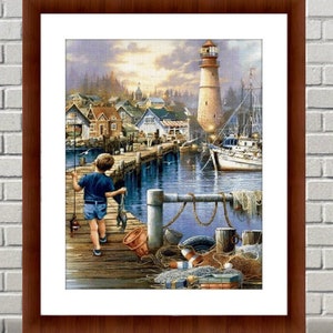Scenic Lighthouse PDF Counted cross stitch pattern Boy Landscape Digital cross stitch chart seascape lighthouse PDF cross stitch pattern