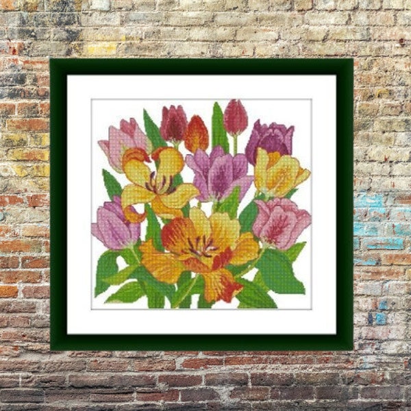 Tulips Counted cross stitch pattern pdf Flower Digital x stitch chart Still life cross stitch pattern vintage flower bouquet chart