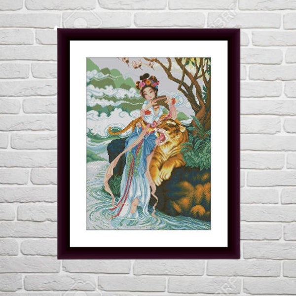 Geisha japanese maiden PDF Counted cross stitch pattern Tiger Digital cross stitch chart japanese chart cross stitch pattern