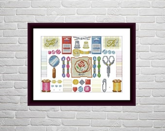 May include: A cross-stitch pattern featuring a variety of sewing and embroidery supplies, including needles, thread, scissors, thimbles, buttons, and a small hoop with a red rose.
