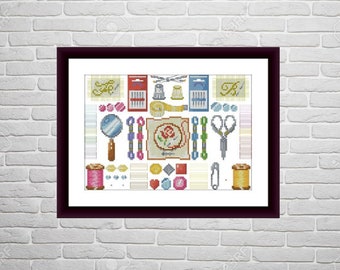 Sewing sampler Counted cross stitch pattern pdf Fashion Digital cross stitch chart Vintage fashion sampler cross stitch pattern cross stitch