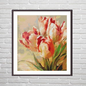 Aquarell Tulpen Blumenstrauß PDF Kreuzstichvorlage Blumen Digitale Kreuzstichvorlage modernes Stillleben Kreuzstichmuster
