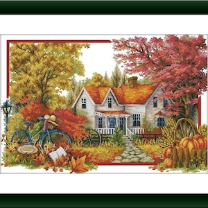 Herfst huisje PDF geteld kruissteekpatroon landschap herfst Digitale kruissteekkaart herfst seizoen PDF xstitch patroon direct downloaden