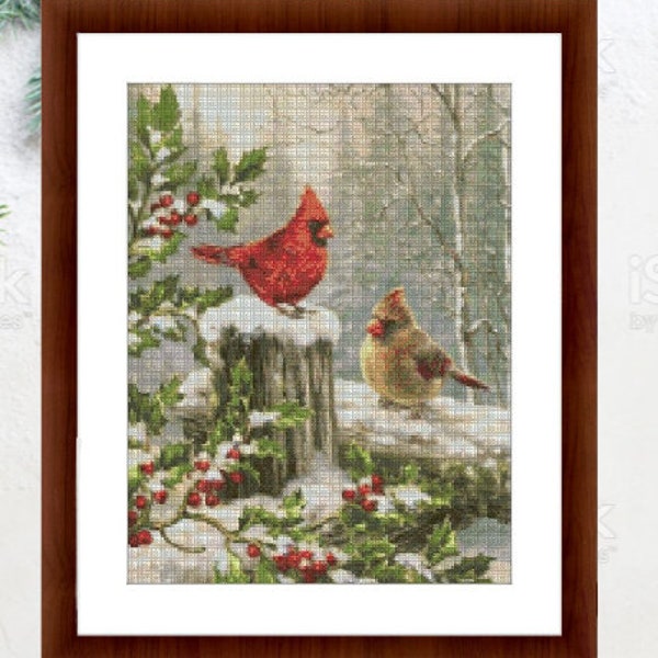 Christmas Red Cardinal Birds PDF Counted cross stitch pattern Holiday Digital cross stitch chart modern christmas robin cross stitch pattern