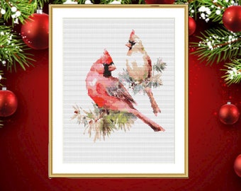 Winter Red Cardinal Birds PDF Counted cross stitch pattern Holiday Digital cross stitch chart modern christmas robin cross stitch pattern