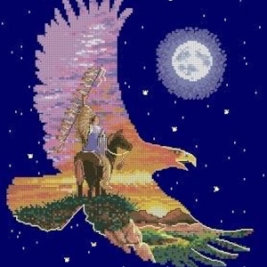 May include: A cross-stitch pattern featuring a large eagle silhouette against a dark blue starry night sky. Inside the eagle shape is a landscape with a person on horseback wearing a headdress, a sunset horizon, and a full moon in the background.