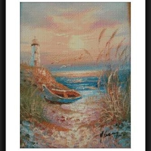 Watercolor Lighthouse PDF Counted cross stitch pattern Landscape Digital cross stitch chart seascape lighthouse PDF cross stitch pattern