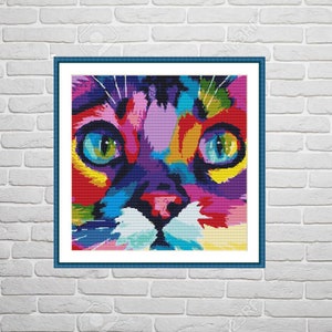 Watercolor cat Animal PDF Counted cross stitch pattern animal rainbow Cat Digital cross stitch chart modern cat cross stitch pattern