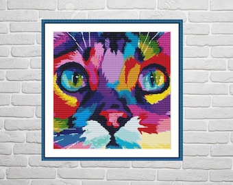 Watercolor cat Animal PDF Counted cross stitch pattern animal rainbow Cat Digital cross stitch chart modern cat cross stitch pattern