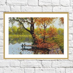 Herfstlandschap PDF Geteld kruissteekpatroon Herfst aquarel Landschap Digitale xstitch grafiek Herfst PDF xstitch patroon direct downloaden
