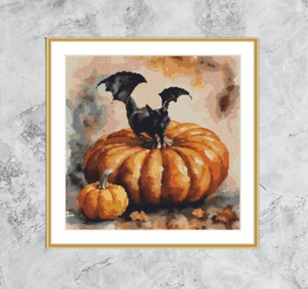Pumpkin and Bat Cross Stitch Pattern PDF Autumn Halloween Still Life ...