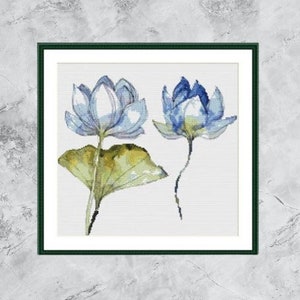 Aquarela azul lótus contado ponto cruz pdf padrão flores japonesas gráfico de ponto cruz digital gráfico japonês padrão de ponto cruz
