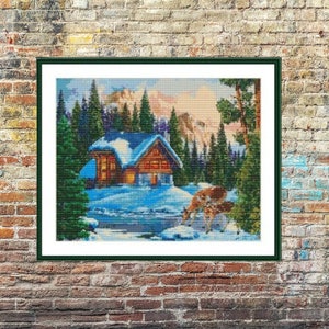 Woodland cottage PDF Counted cross stitch pattern Landscape Digital cross stitch chart Fall season PDF xstitch pattern instant download