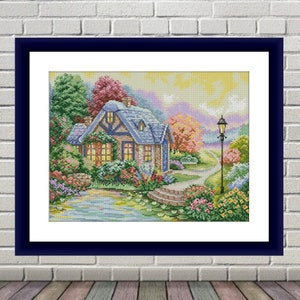 Summer cottage Counted cross stitch pdf pattern village cottage Digital cross stitch chart large cross stitch pattern instant download