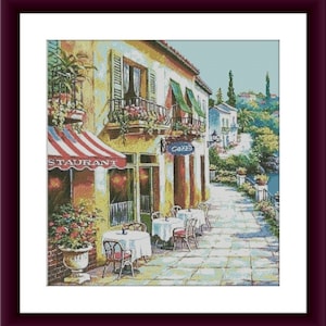 Italian cafe counted cross stitch pdf pattern European city Digital cross stitch chart city cross stitch pattern cafe needlepoint chart