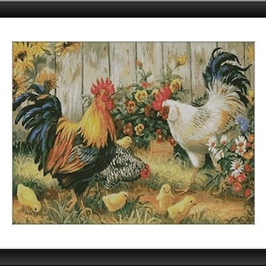 Roosters PDF Counted cross stitch pattern Country birds Digital cross stitch chart vintage cross stitch pattern