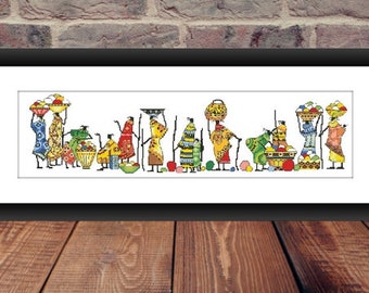 May include: A framed cross-stitch artwork depicting a line of figures carrying baskets and produce. The figures are dressed in colorful, patterned clothing. The artwork is set against a white background and framed in black.