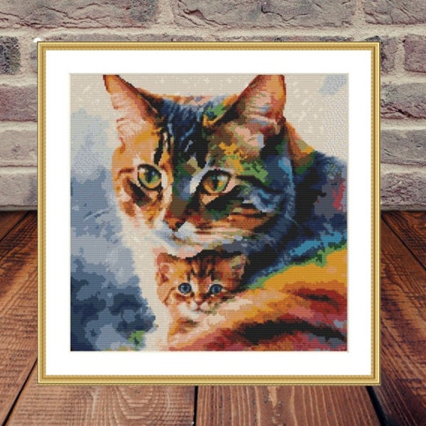 Watercolor cat Animal PDF Counted cross stitch pattern animal Galaxy Cat Digital cross stitch chart modern Housewarming cross stitch pattern