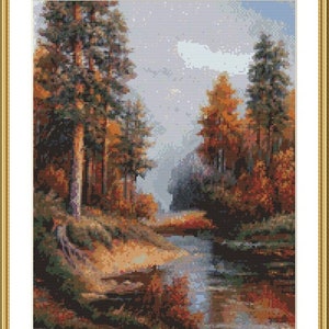 Herfst landschap PDF geteld kruissteekpatroon landschap herfst Digitale kruissteekkaart herfst seizoen PDF xstitch patroon direct downloaden