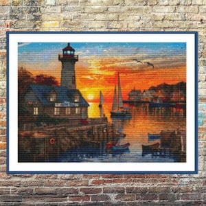 Watercolor Lighthouse PDF Counted cross stitch pattern Landscape Digital cross stitch chart seascape lighthouse PDF cross stitch pattern