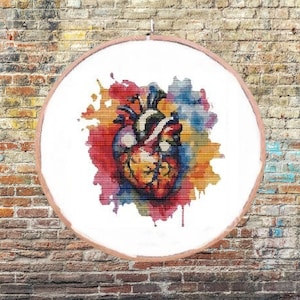 Watercolor heart PDF Counted cross stitch pattern anatomy rainbow Digital cross stitch chart modern human body heart cross stitch pattern