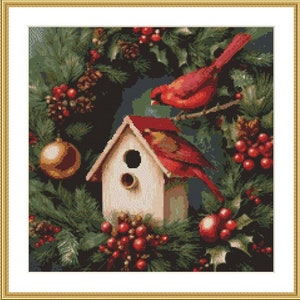 Casa de pájaros navideña, patrón de punto de cruz contado, pájaros cardenal rojos, gráfico de punto de cruz digital, patrón de punto de cruz moderno, bordado de pájaro