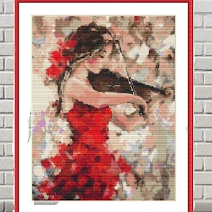 Lady in REd PDF watercolor Counted cross stitch pattern Maiden Digital cross stitch chart Girl and music cross stitch pattern