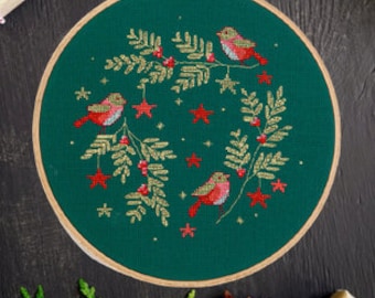 Winter Robin Bird PDF Counted cross stitch pattern Holiday Digital cross stitch chart modern christmas robin cross stitch pattern