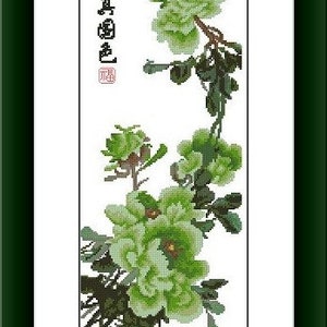 Peonía verde PDF Patrón de punto de cruz contado Flores japonesas Gráfico de punto de cruz digital Jardín japonés Patrón xstitch Gráfico de pavo real