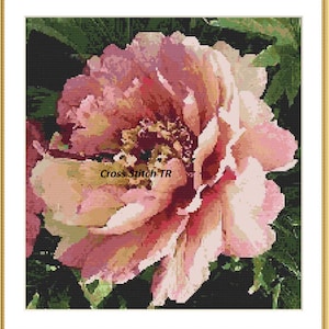 Bloeiende pioen Geteld kruissteekpatroon Bloem Digitale x-stekentabel modern Stilleven kruissteekpatroon vintage bloemenboeket