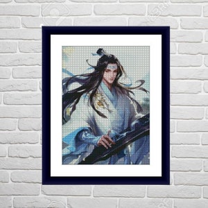 May include: A framed digital painting of a person with long black hair wearing a white and blue robe. The person is playing a stringed instrument.