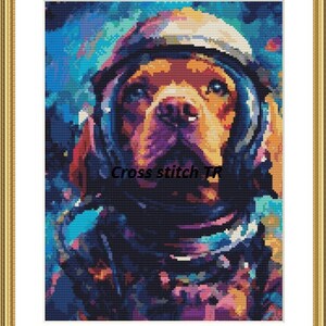 水彩画の宇宙飛行士の犬 クロスステッチのPDFパターン 犬 デジタルクロスステッチチャート 動物 モダンなクロスステッチのパターン 犬 x ステッチ