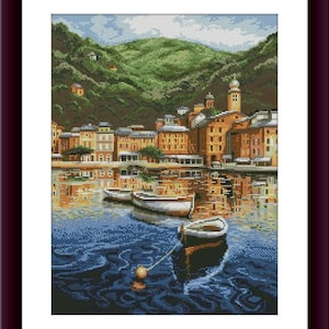 İtalian landscape Counted cross stitch pattern pdf Cafe by the sea Digital cross stitch chart seascape lighthouse PDF cross stitch pattern