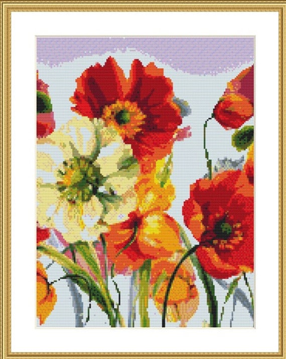 Poppy and Narcissus Bouquet PDF Counted Cross Stitch Pattern