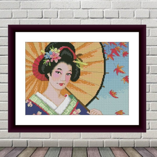 Enchanted Geisha japanese maiden PDF Counted cross stitch pattern Maiden Digital cross stitch chart japanese chart cross stitch pattern