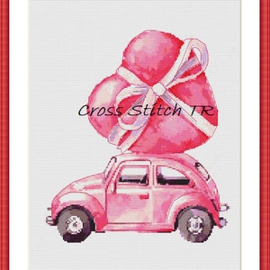 Pink truck Valentine&#39;s Day PDF Counted cross stitch pattern couple  Digital cross stitch chart Modern Valentine day cute cross stitch chart