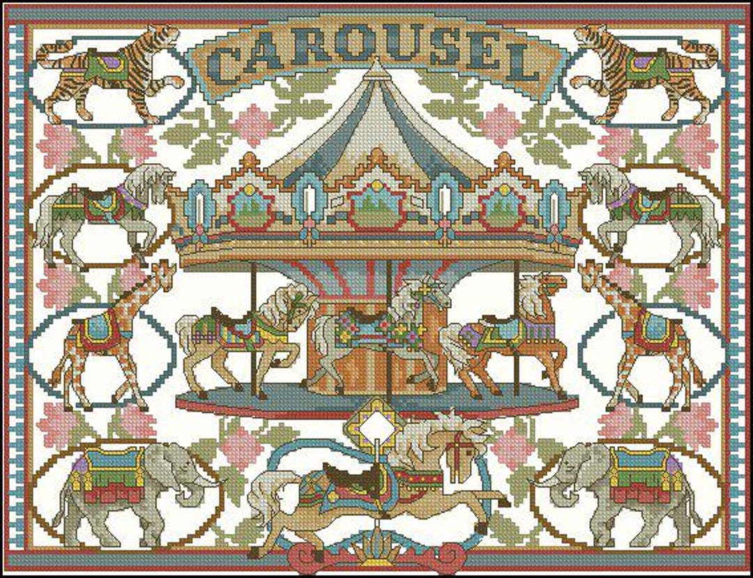 Carousel Needlepoint Antique Carousel PDF Counted Cross Stitch Pattern Flowers Digital Cross ...